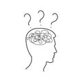 Man`s head with confused thoughts in his brain. Thinking person with questions. Male face silhouette with convoluted mind. Vector Royalty Free Stock Photo